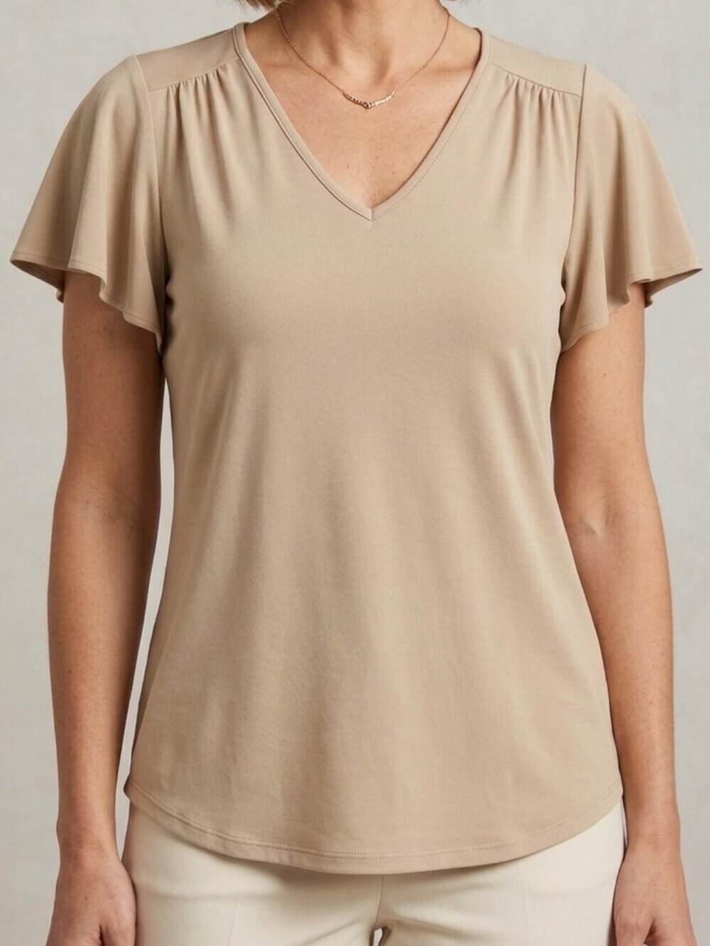 Chaps Beige Flutter Sleeve Blouse Women's Small V-Neck Business Casual Top